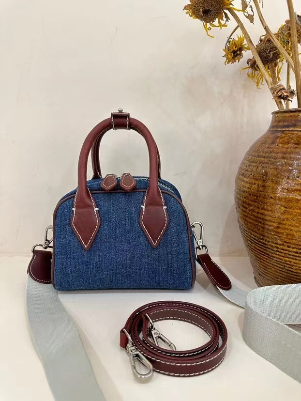 Washed Denim with Imported Vegetable-Tanned Leather Canvas Boston Bag handbag shoulder bag
