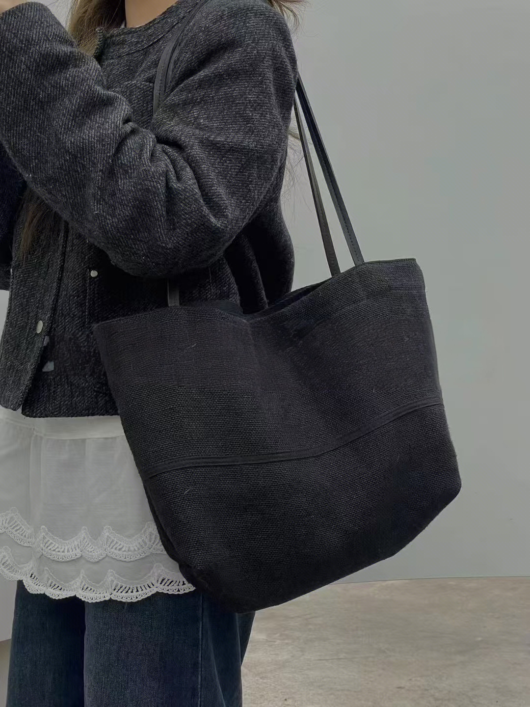 Cotton-Linen and Leather Straps Large-Capacity Tote Shoulder Bag  women's fashion bag