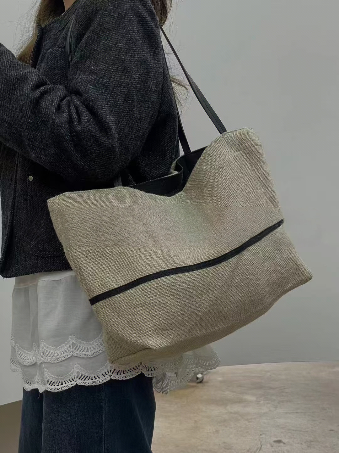 Cotton-Linen and Leather Straps Large-Capacity Tote Shoulder Bag  women's fashion bag