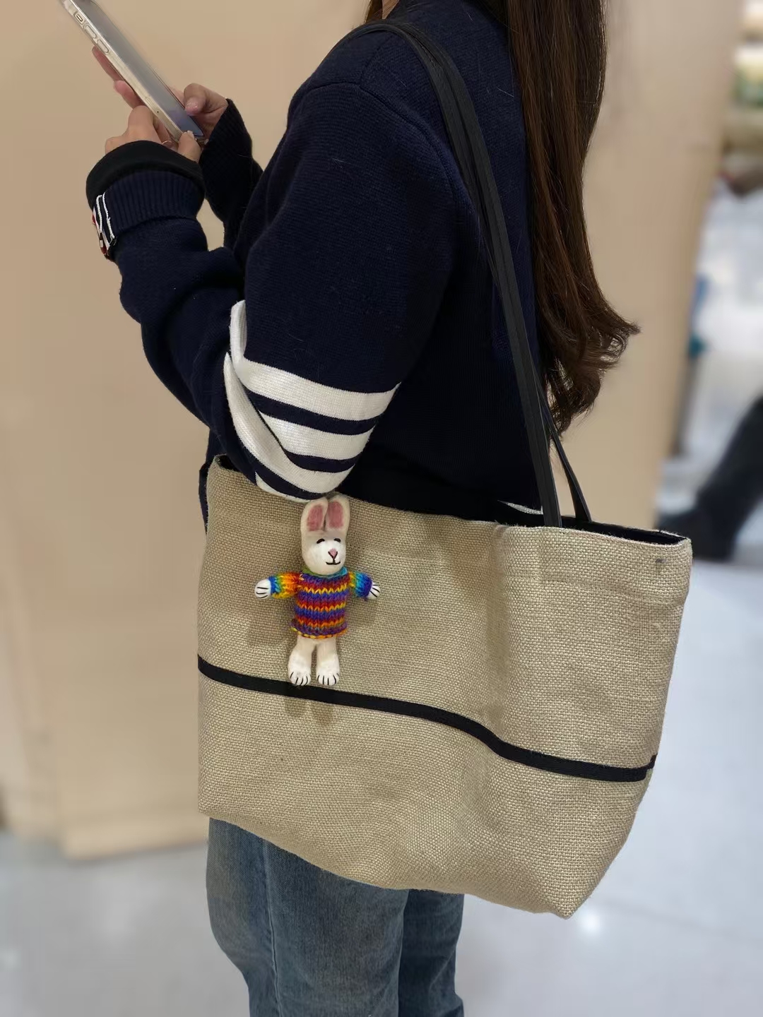 Cotton-Linen and Leather Straps Large-Capacity Tote Shoulder Bag  women's fashion bag