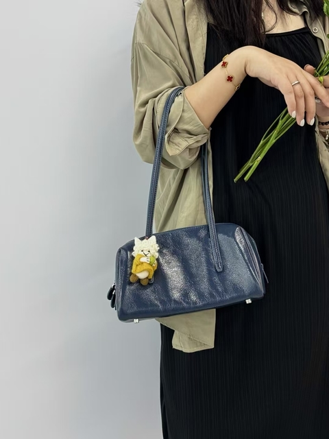 Top Grain Oil-Waxed Cowhide Folded Edge Boston Bag (Small) genuine leather handbag shoulder bag