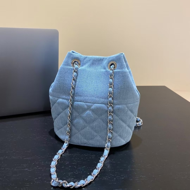 Canvas Denim Chanel-Inspired Diamond Lattice Chain Bucket Bag women's fashion  shoulder crossbody bag
